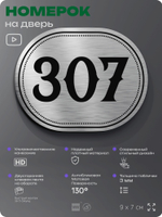 Номерок на дверь квартиры 307, для кабинета, офиса, шильдик 9 х 7 см, брашированная сталь, Айдентика Технолоджи