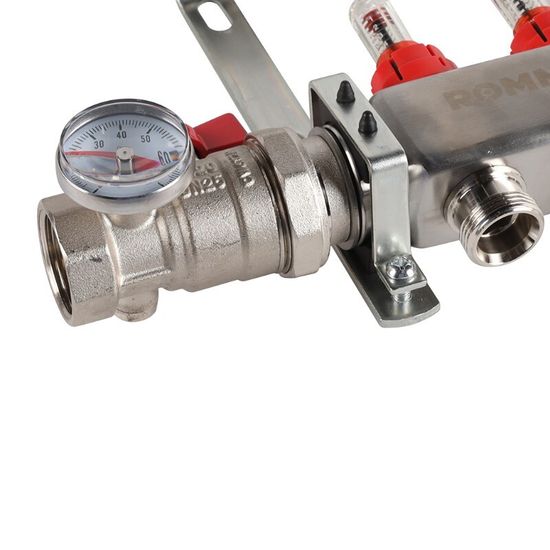 Коллектор Rommer 1"x3/4" на 2 контура с расходомерами в сборе (нерж. сталь) RMS-1210-000002