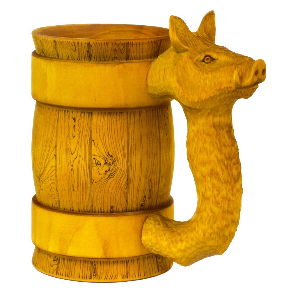 Кружка пивная деревянная WOOD&GOOD Hog с резной ручкой, 500 мл