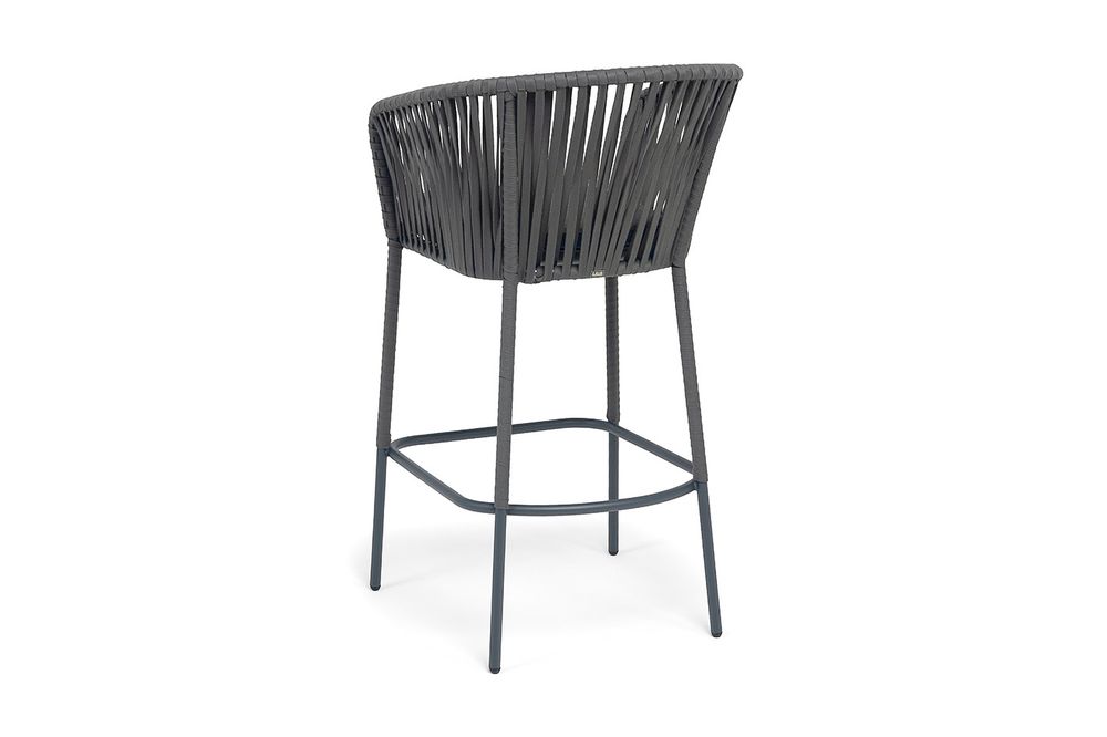 "Бордо" стул барный плетеный из роупа, каркас из стали темно-серый (RAL7024) муар, роуп серый 15мм, ткань темно-серая 027 NEW