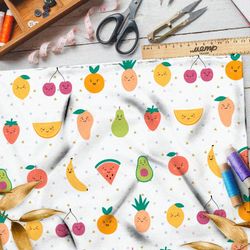 Ткань флис сочные фрукты и овощи на белом фоне