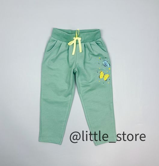 Брюки "Бабочки в саду" из футера, пыльная мята