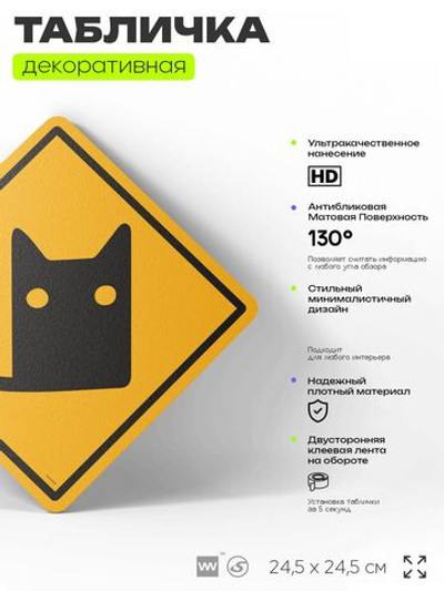 Табличка прикольная "Осторожно, котик" на дверь и стену, информационная и предупреждающая, декоративный знак, 24,5х24,5 см, пластиковая, Айдентика Технолоджи