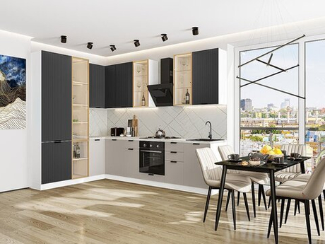 Прямая модульная кухня Евро Лайн-07 Антрацит/Агат - Белый 2340*2000/3000*600