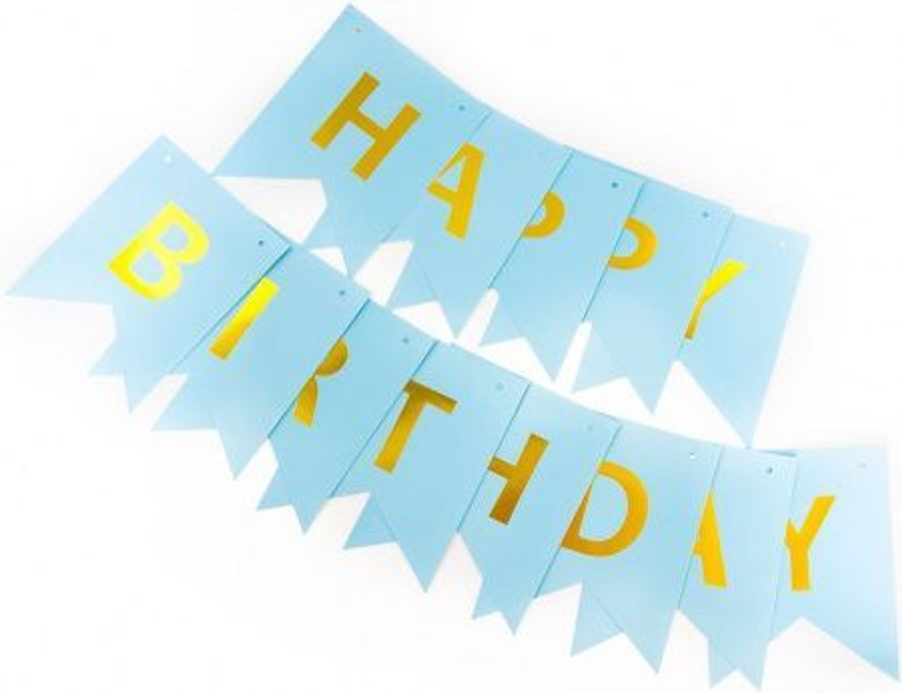 Гирлянда Флажки, Happy Birthday, Голубой, Металлик, 20*210 см, 1 шт.