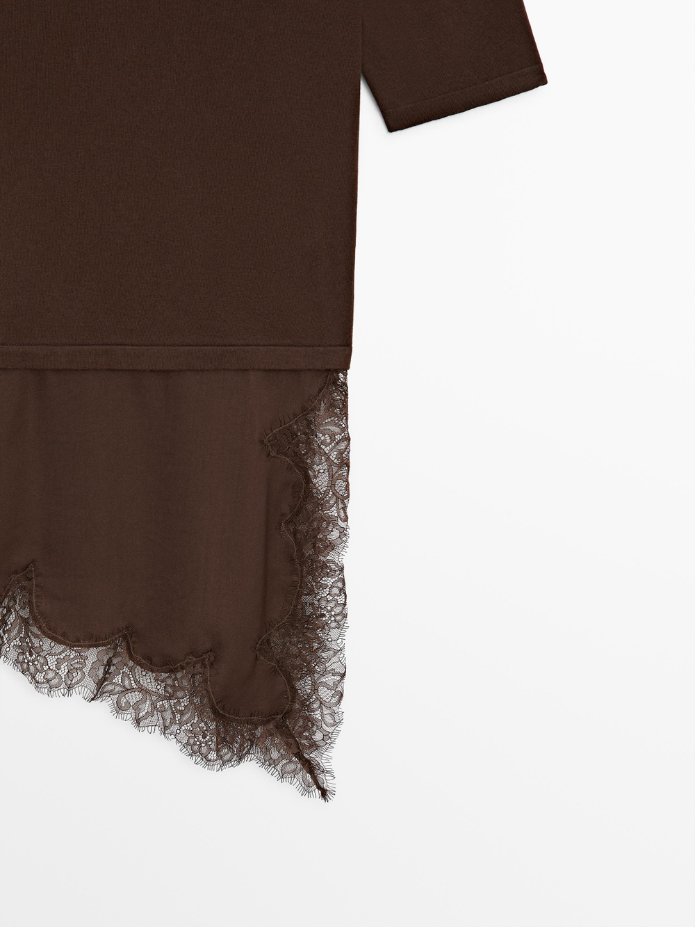 Massimo Dutti Платье с контрастной отделкой кружевом, коричневый