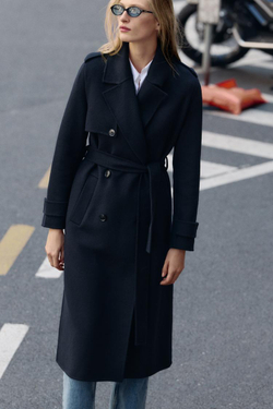 ZARA ПАЛЬТО ИЗ ШЕРСТИ С ПОЯСОМ, МОРСКОЙ СИНИЙ