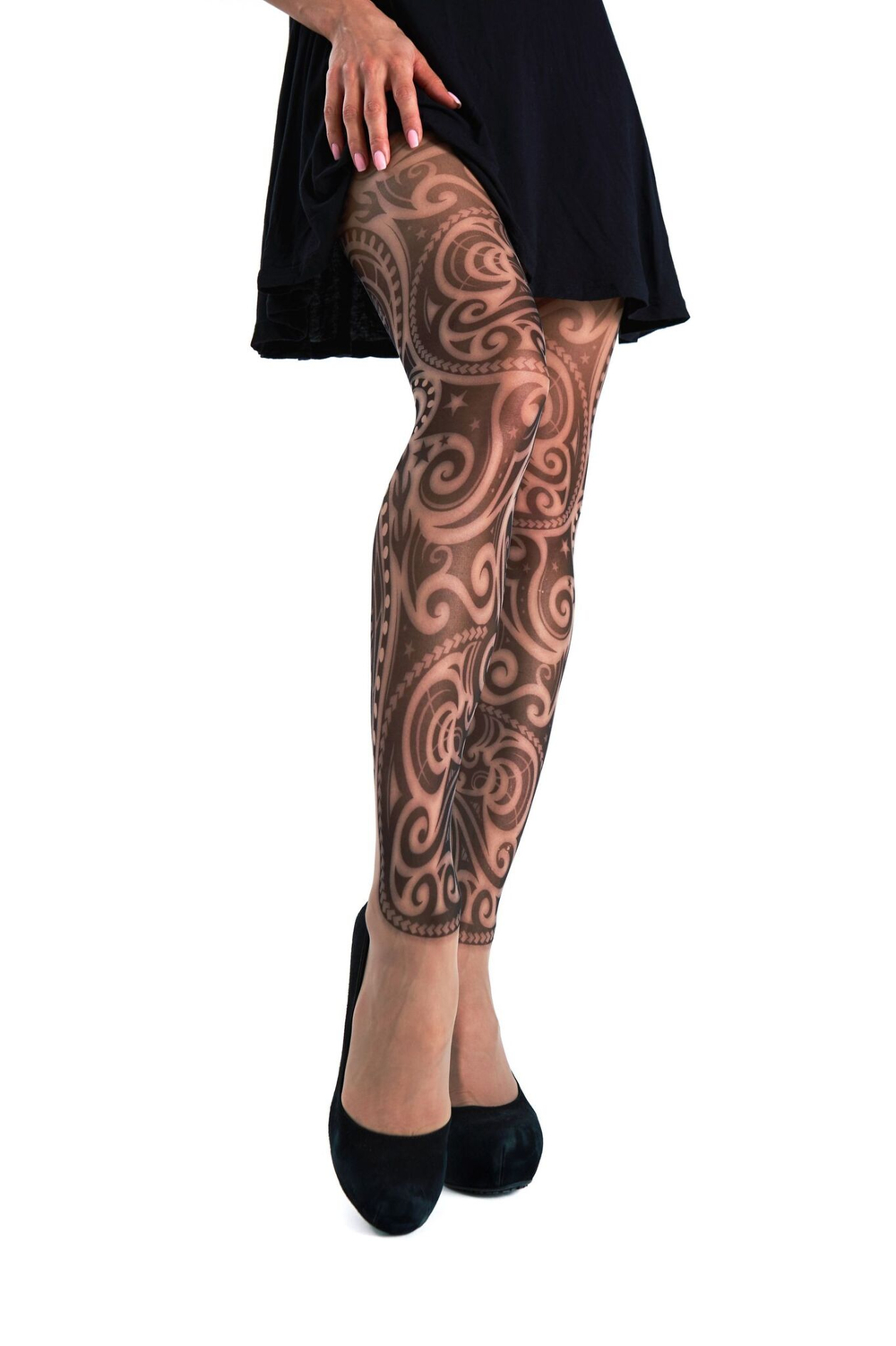Колготки с имитацией татуировки с завитками (Размер: S-M-L) (Цвет: бежевый)
