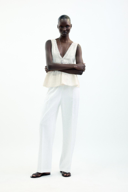 ZARA ТОП В СТИЛЕ РУСТИК С КРУЖЕВОМ, ЭКРЮ