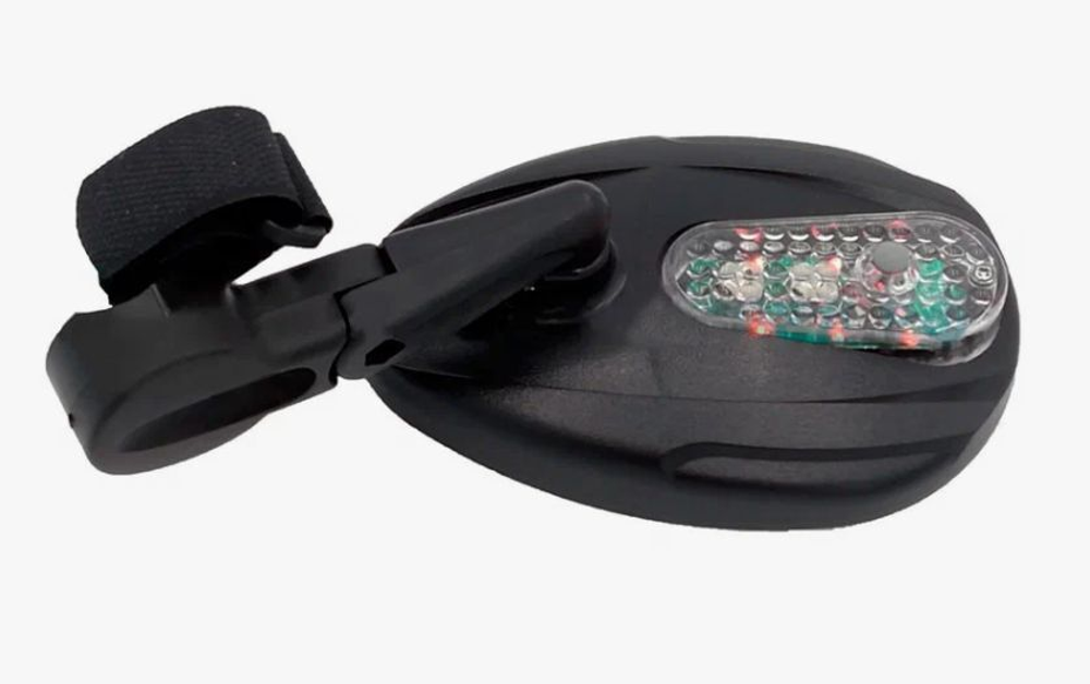 Зеркало заднего вида DX-2200AVF, крепление в торец руля, выпуклое, складное, две плоскости регулировки, с габаритным огнем, 120х80мм, пластик, черное