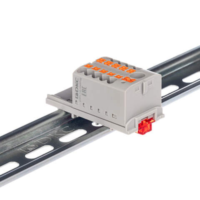 Блок распределительный с верт. адаптером на рейки шириной 15/35мм, зажим push-in, 1 ввод 6 кв.мм, 10 точек подключения 2,5 кв.мм, красный