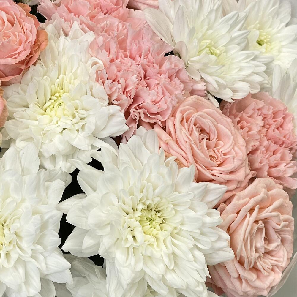 «Мягкое свечение» сборный букет с кустовой розой мадам бомбастик, диантусами и хризантемой