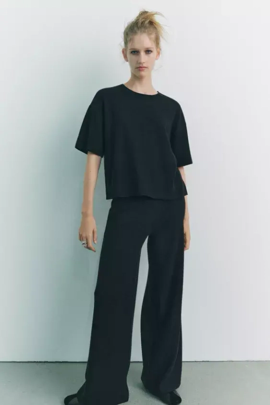 ZARA БРЮКИ ИЗ МЯГКОЙ ТКАНИ В РУБЧИК, ЧЕРНЫЙ
