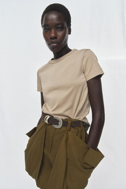 ZARA ФУТБОЛКА INTERLOCK С КОРОТКИМИ РУКАВАМИ, БЕЖЕВЫЙ