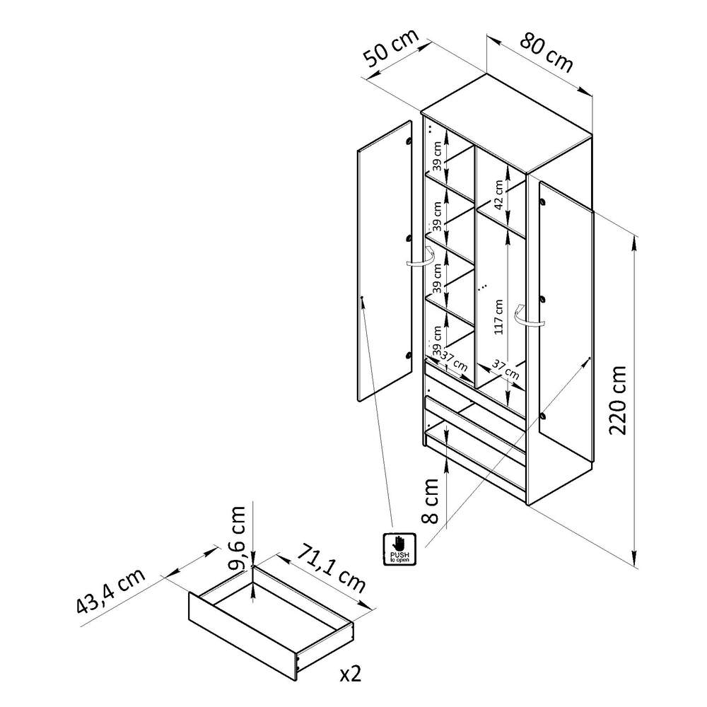Шкаф для одежды, 80х50х220, Марм, распашной, с 2 ящиками, с полками, в прихожую, Dipriz