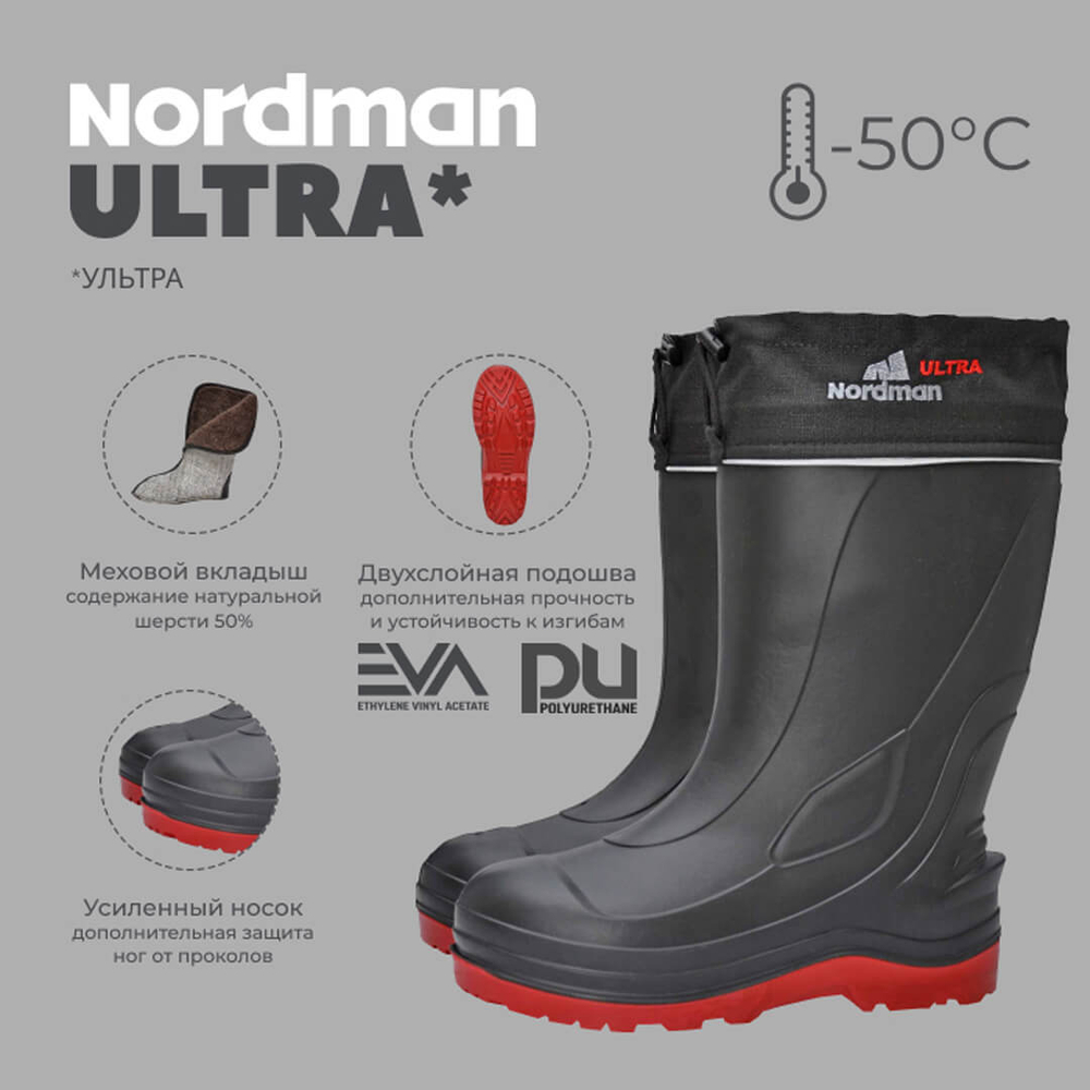 Сапоги Nordman Ultra с меховым вкладышем черные с красным
