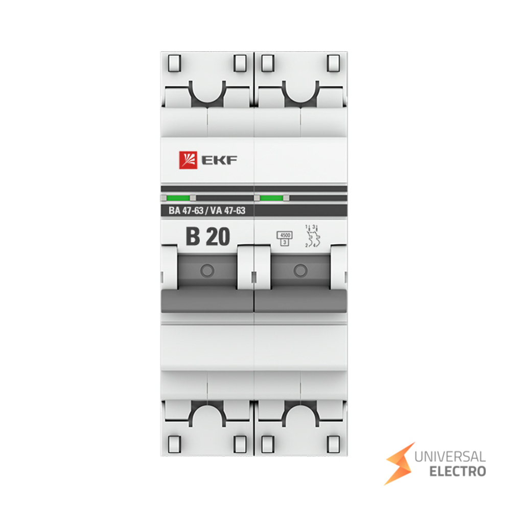 Автоматический выключатель 2P 20А (В) 4,5kA ВА 47-63 EKF PROxima