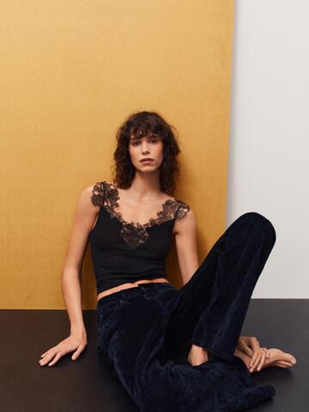 Massimo Dutti Трикотажный топ на бретелях с кружевом, черный