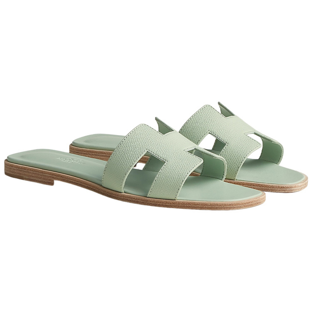 Hermes Oran calfskin one-line flat heel fashion sandals women's green, H202272Z 6C