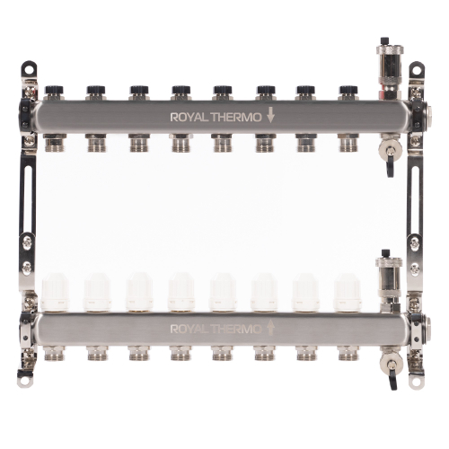Коллектор Royal Thermo нерж. в сборе универсальный 1" ВР-3/4" НР с автомат. воздухоотвод-ми 8 вых.