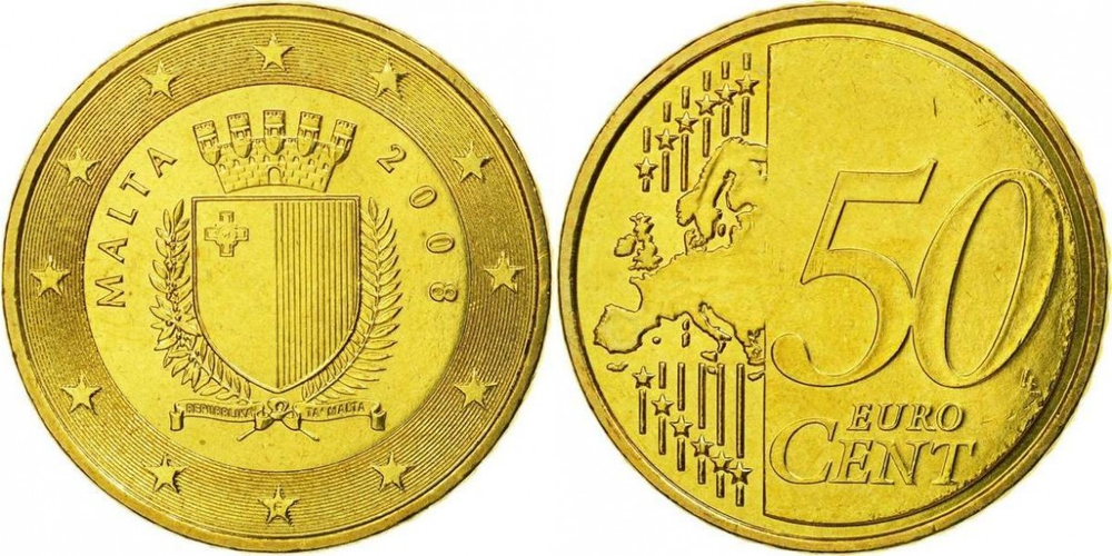 Мальта 50 евроцентов, 2008-2024 Герб XF