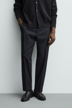 ZARA БРЮКИ REGULAR FIT ИЗ СМЕСОВОЙ ШЕРСТИ NON IRON, МОРСКОЙ СИНИЙ