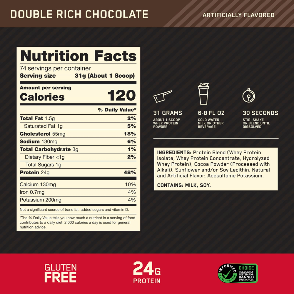 Optimum Nutrition, Gold Standard® 100% сывороточный протеин, со вкусом двойного шоколада, 2,29 кг (5,05 фунта)