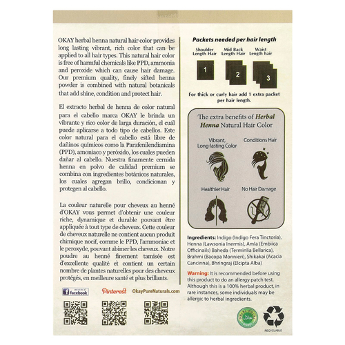 Okay Pure Naturals, травяная натуральная краска для волос хна, темно-коричневый, 56,7 г (2 унции)