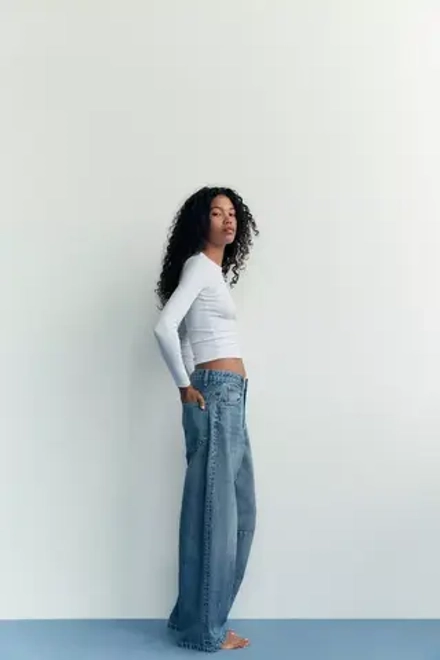 ZARA ДЖИНСЫ TRF BAGGY BALLOON СО СРЕДНЕЙ ПОСАДКОЙ, СИНИЙ
