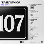 Адресная табличка с номером дома 107, на фасад и забор, черная, 25х25 см, Айдентика Технолоджи