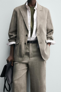 ZARA КОСТЮМНЫЕ БРЮКИ ИЗ 100% ЛЬНА С ЭФФЕКТОМ СТИРКИ, СЕРО-КОРИЧНЕВЫЙ