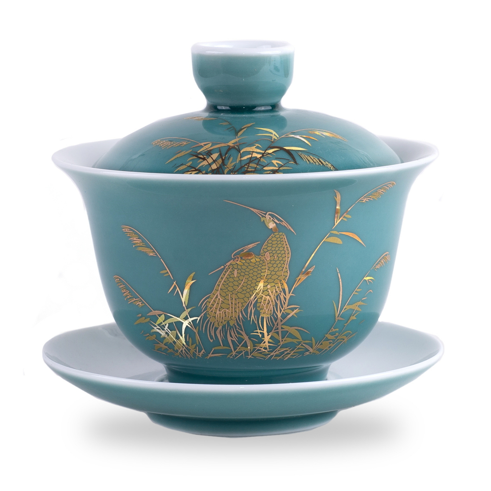 268075 Гайвань ЖУРАВЛИ "Цапли", h=9см, d=10см, 150мл, фарфор селадон/белый