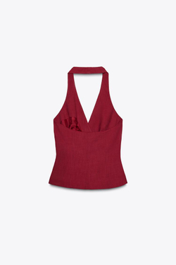 ZARA ЖИЛЕТ ХАЛТЕР С ЗАВЯЗКОЙ, ВИШНЕВЫЙ