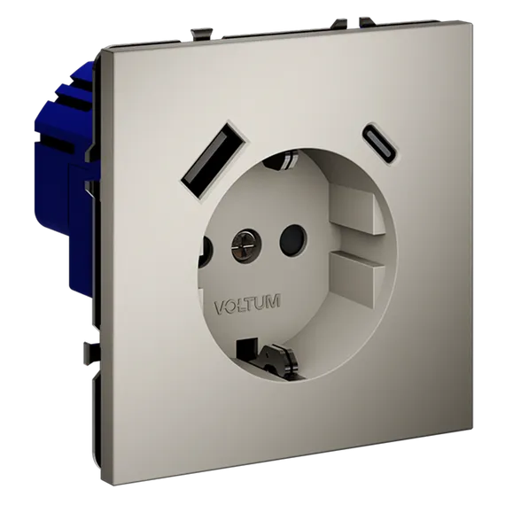 Розетка встраиваемая VOLTUM S70 с заземлением и защитными шторками, 16А, с USB, A+С, (кашемир) vls040503