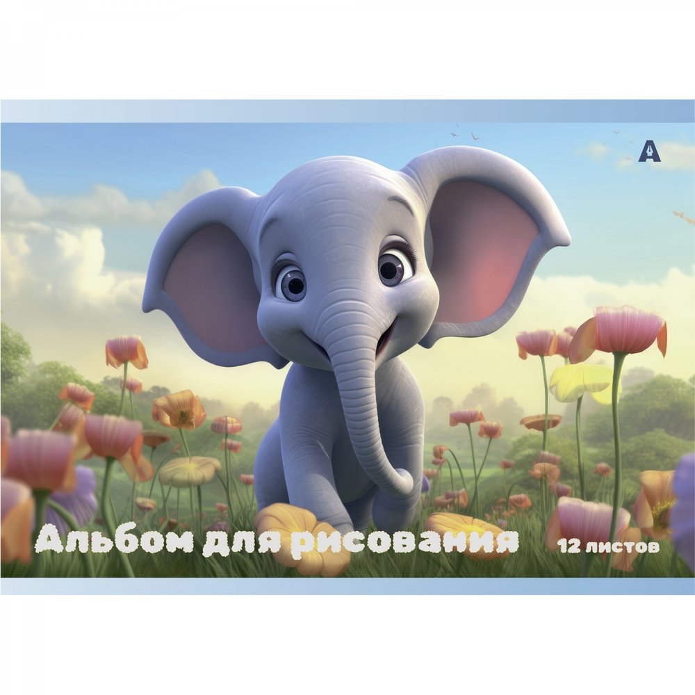 Альбом для рисования А4 12л., Alingar, на скрепке, мелованный картон (стандарт), 100 г/м2, "Слоники", 4 дизайна в пленке т/у