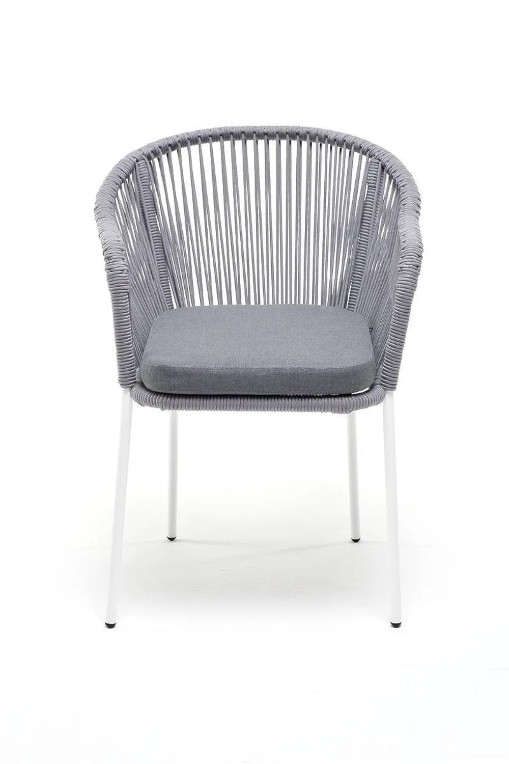 "Лион" стул плетеный из роупа, каркас из стали белый муар, роуп светло-серый круглый, ткань светло-серая