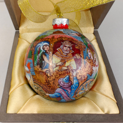 Шар новогодний с круговой росписью Палех "Золотой петушок" в футляре
