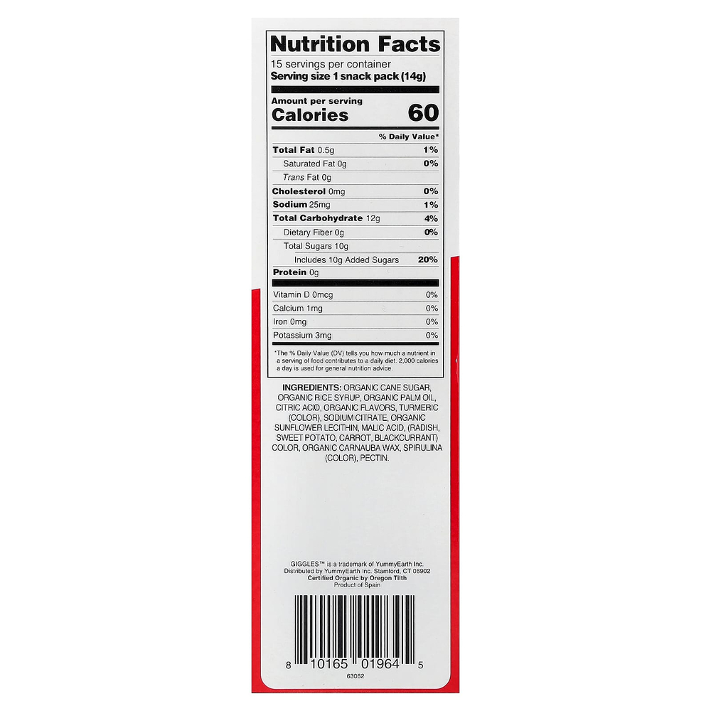 YumEarth, iHerb, органические снеки, фруктовый вкус, 15 упаковок по 14 г (0,5 унции)