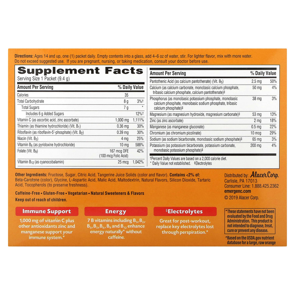 Emergen-C, витамин C, мандарин, 1000 мг, 30 пакетиков по 9,4 г (0,33 унции)