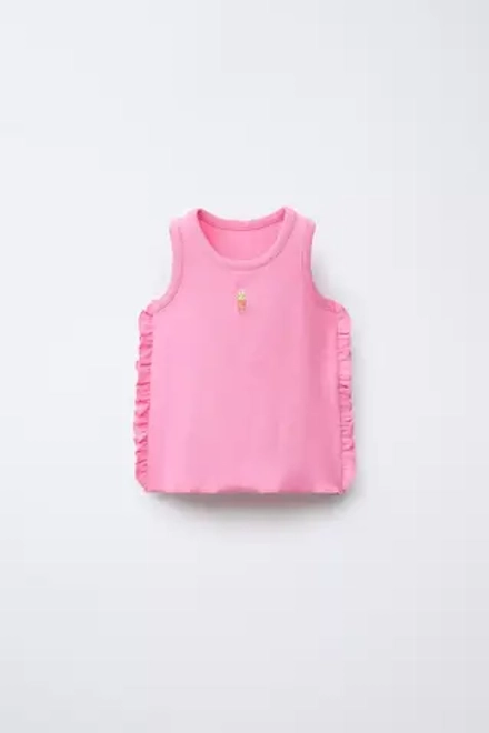 ZARA ФУТБОЛКА В РУБЧИК С ВОЛАНАМИ С ВЫШИВКОЙ, ЦВЕТ ФУКСИИ