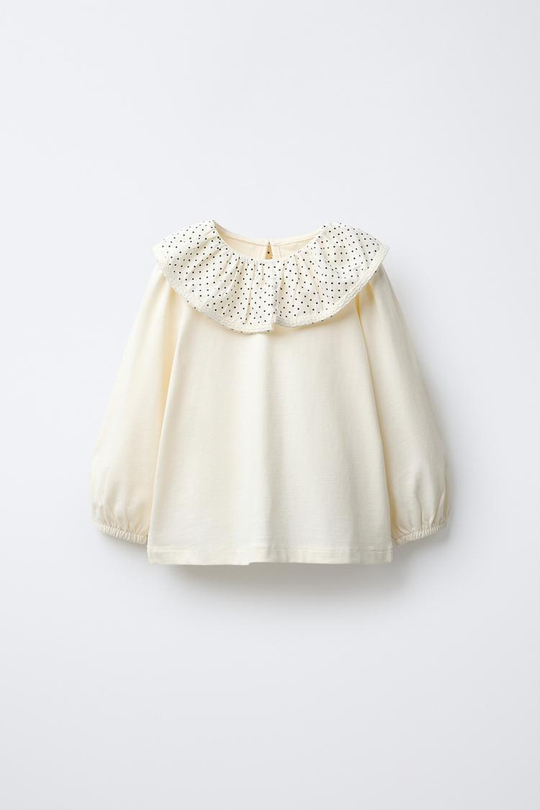 ZARA ФУТБОЛКА С ОТЛОЖНЫМ ВОРОТНИКОМ И ВЫШИВКОЙ, ТЕМНО-СИНИЙ/БЕЛЫЙ