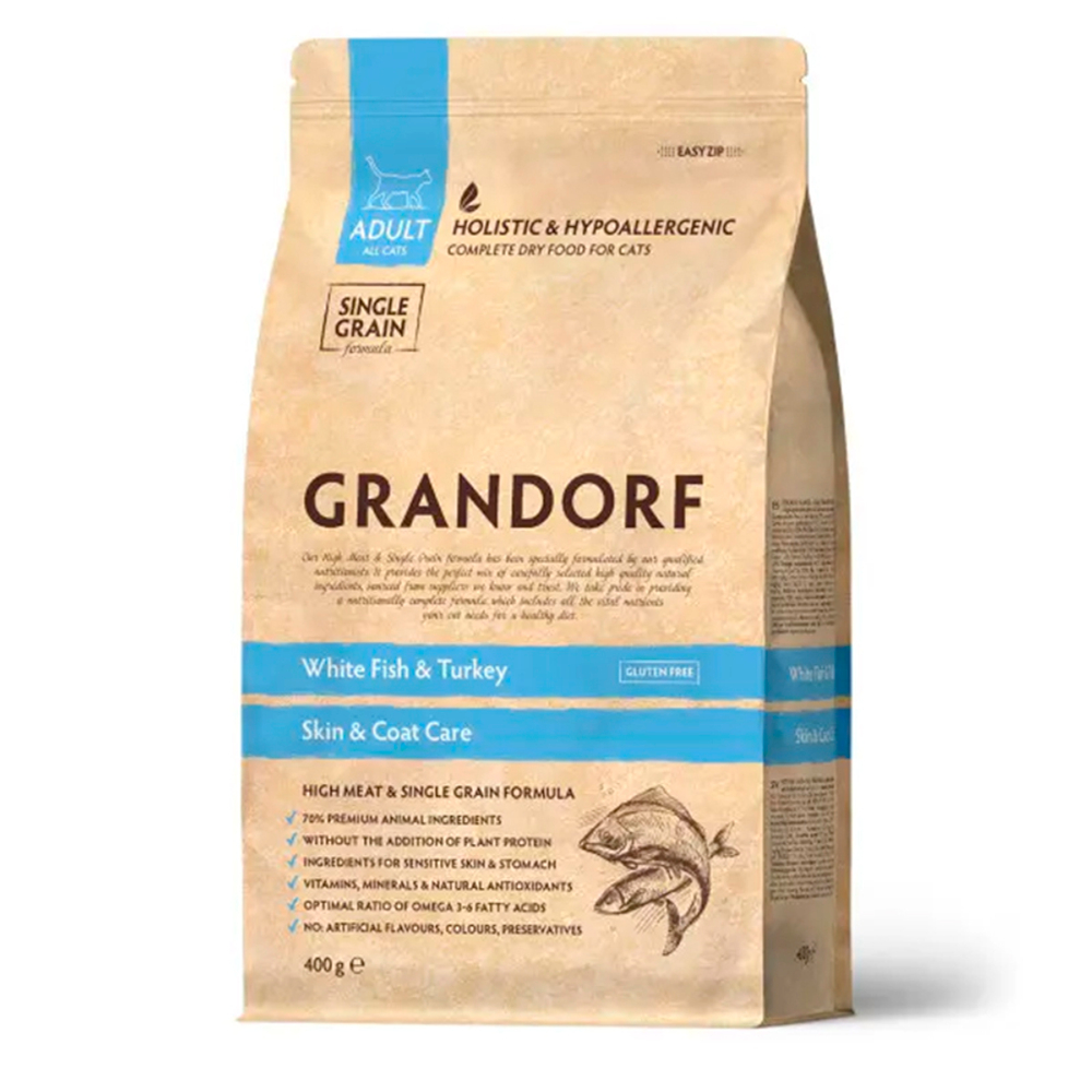 Сухой корм Grandorf Сat White Fish&Turkey SKIN&CARE белая рыба и индейка для кошек 400 гр (Грандорф)