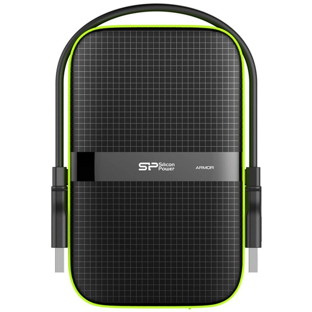 Silicon Power Armor - A60 2TB Portable HDD USB 3.2 Gen1 Black/Green, Shockproof MIL-STD 810G Method 516.6 Procedure IV, Water-resistant IPX4, LED light