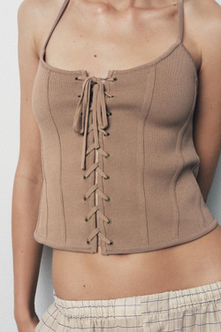 ZARA ТРИКОТАЖНЫЙ КОРСЕТ С ЗАВЯЗКАМИ, СЕРОВАТО-КОРИЧНЕВЫЙ