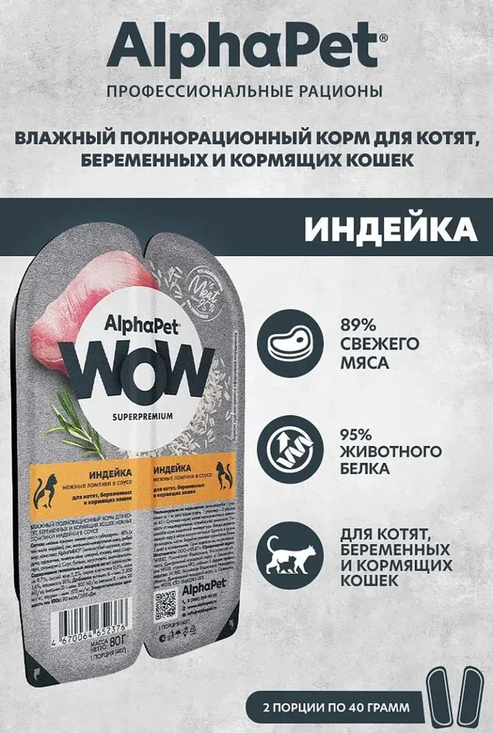 Влажный корм для кошек AlphaPet WOW (АльфаПет) 0,08кг индейка ломтики в соусе для беременных, кормящих кошек и котят. 15 штук