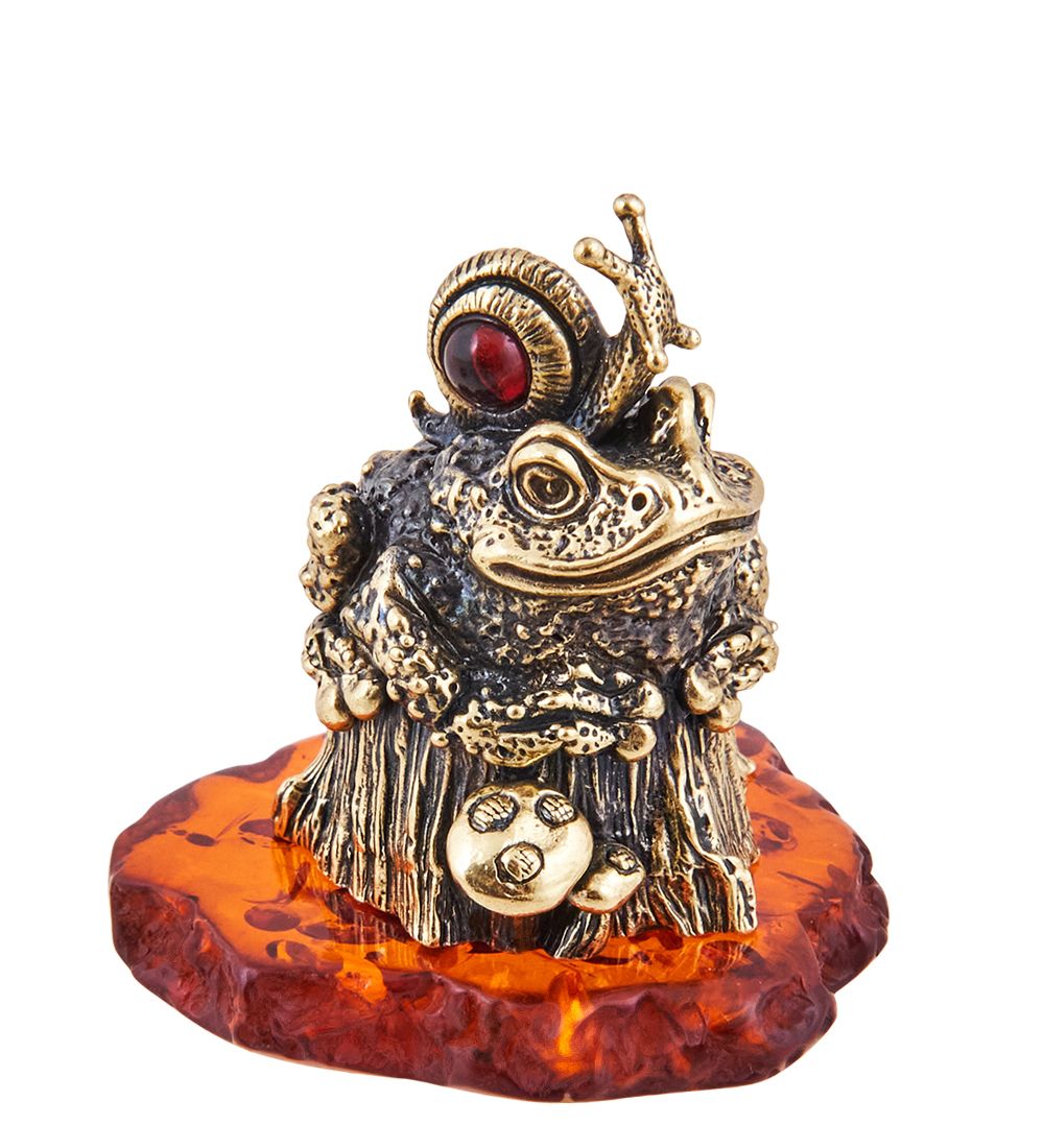 Народные промыслы AM-3685 Фигурка «Лягушка Жаба на пне» (латунь, янтарь)