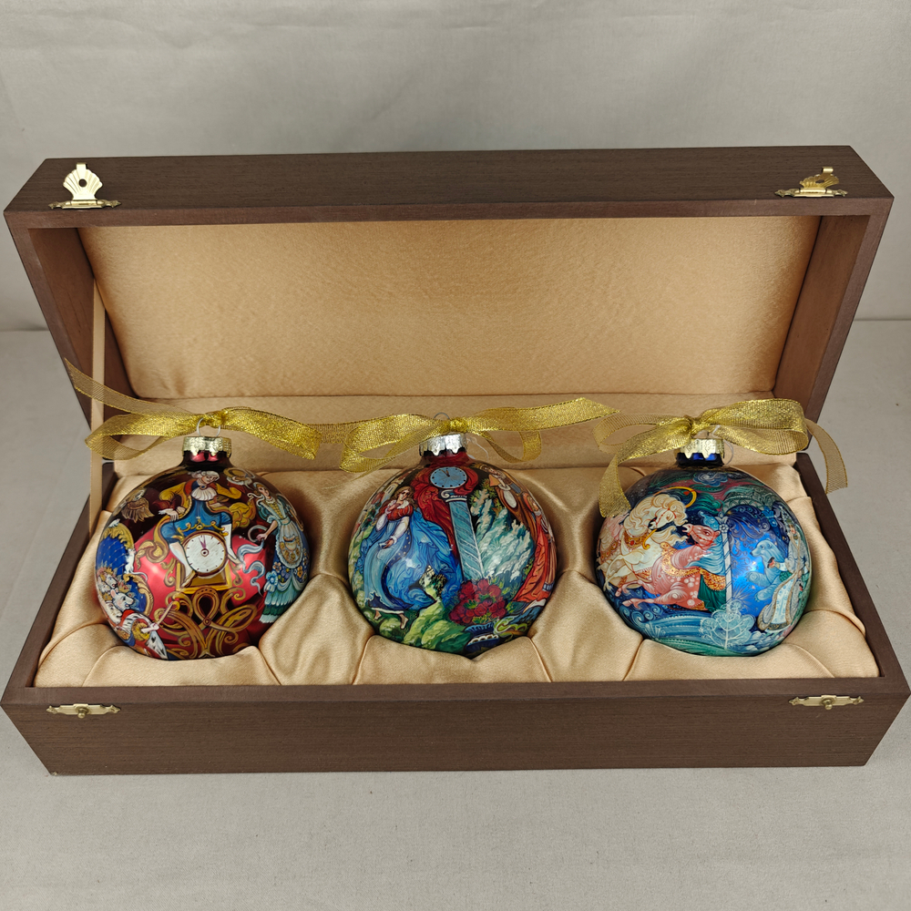 Набор из 3-х ёлочных шаров "Сказки" с росписью Палех