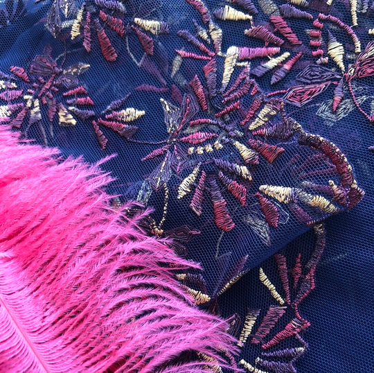 Тесьма сетка с вышивкой, синий/красн.фиолет.рыжий, 23см