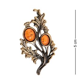 AM-2027 Брошь «Веточка шиповника» (латунь, янтарь)