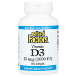 Natural Factors, витамин D3, 25 мкг (1000 МЕ), 180 капсул